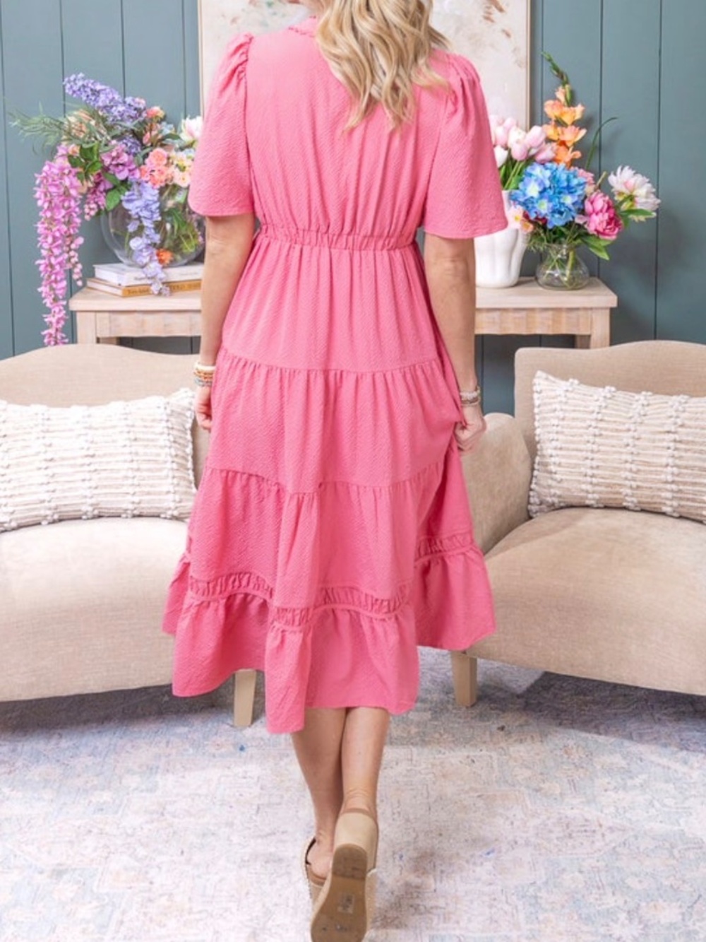 V Neck Short Sleeve Midi Dress - Picture 2 of 3